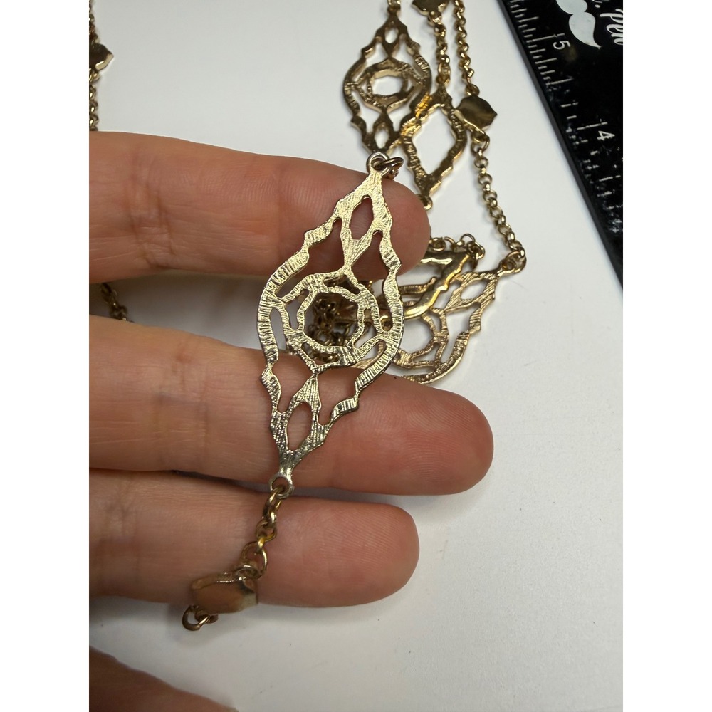 Gold Tone Multi Strand Layered Filigree Station Statement Necklace Boho